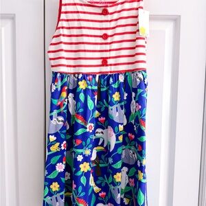 New Mini Boden Red Striped and Blue Sloth Print Dress, size 6-7 years